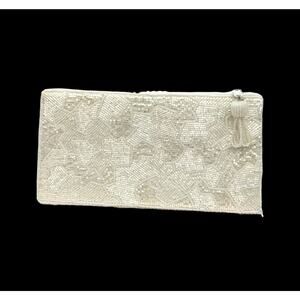 Vintage White Opalescent Seed Beaded Evening Clutch Bag Purse 9”x4.5” EUC